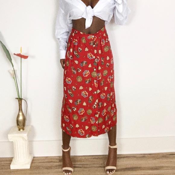 Vintage Red Button Down Fleur de Lis Crest Skirt - Picture 2 of 6